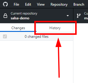 A red arrow points to the history tab in the upper left of Github Desktop.